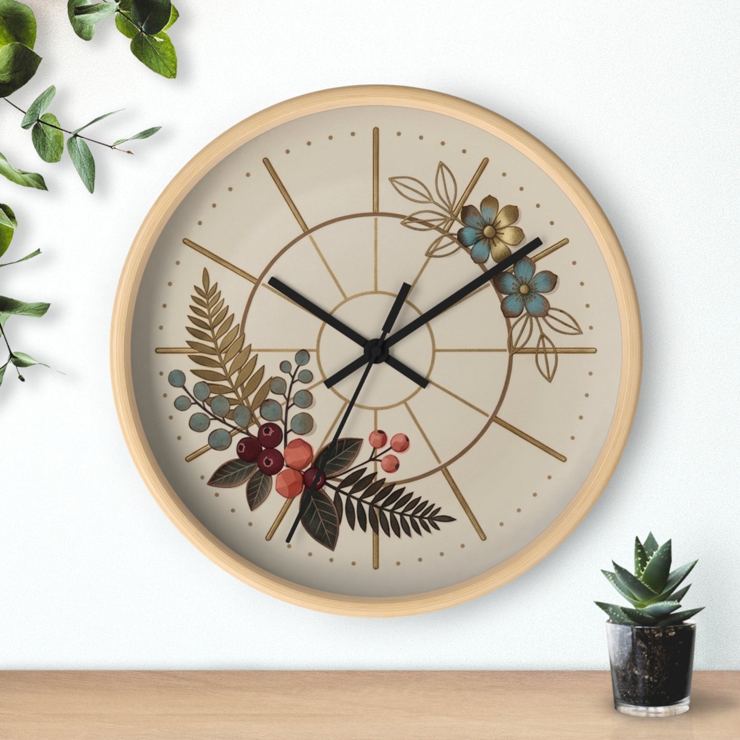 Botanical Floral Clock Wall Clock | Neutral Beige Flower Fern Design
