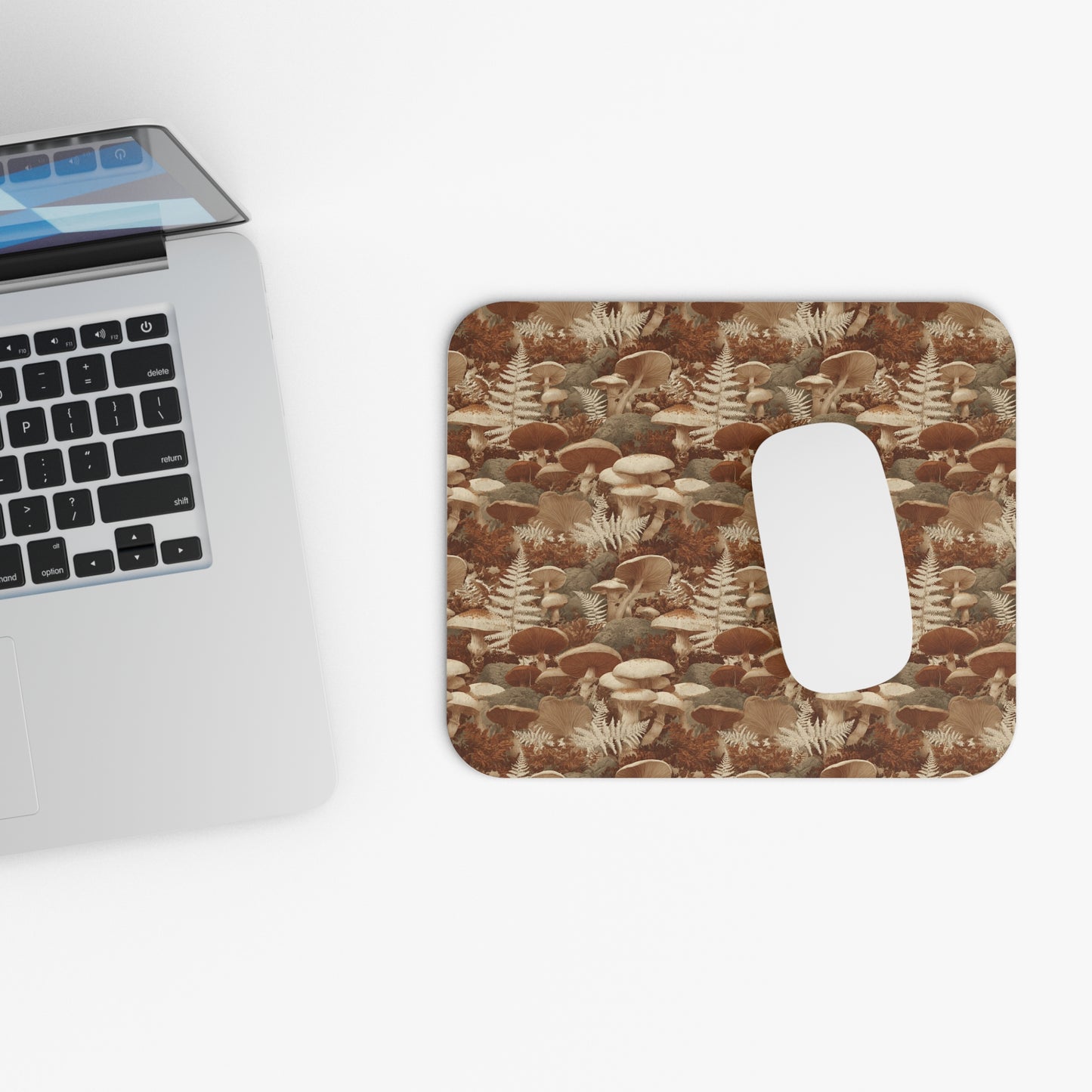 Brown Mushroom Fern Pattern Mouse Pad | Forest Fungi Desk Mat