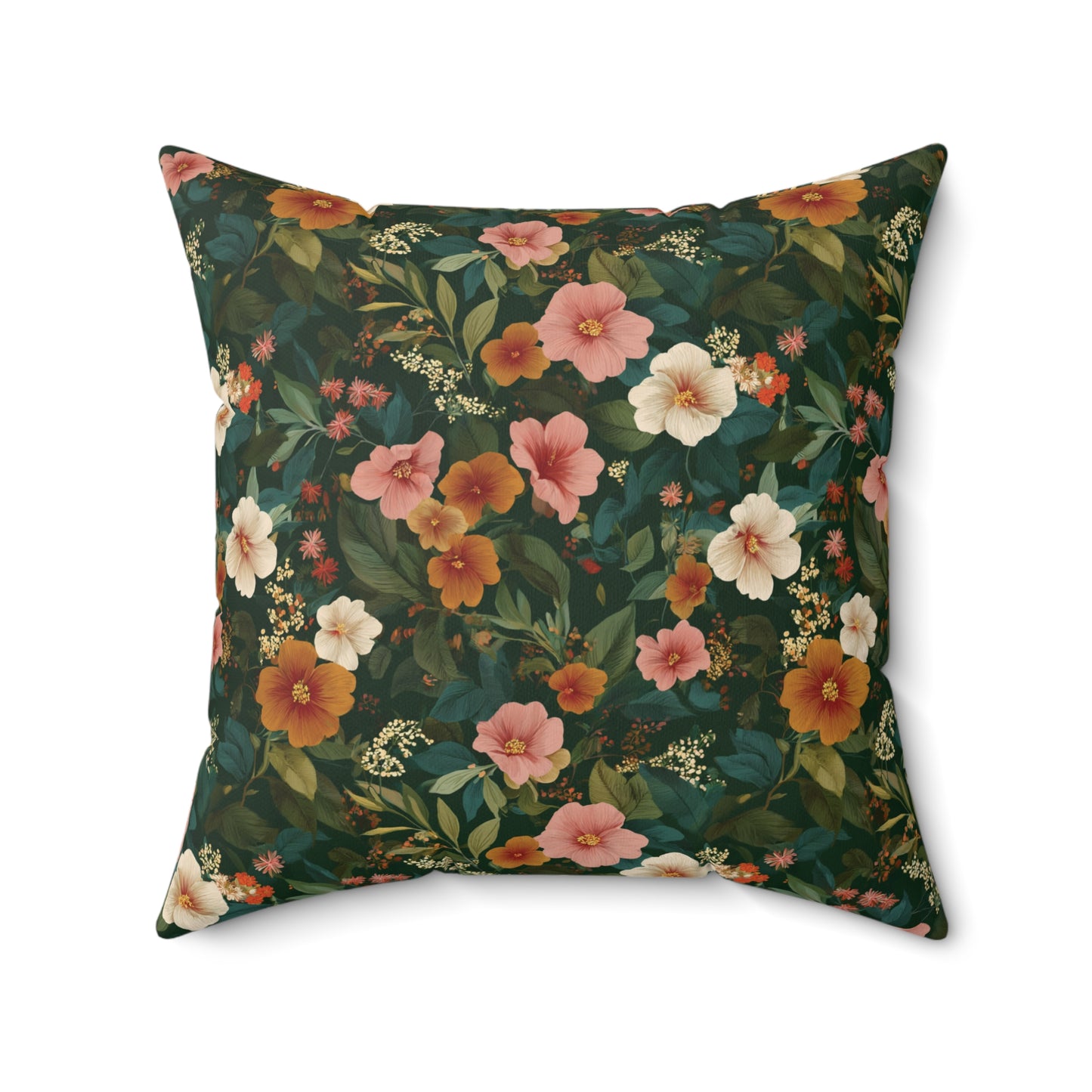 Vintage Floral Pattern Square Pillow | Dark Green Pink Orange Blossoms