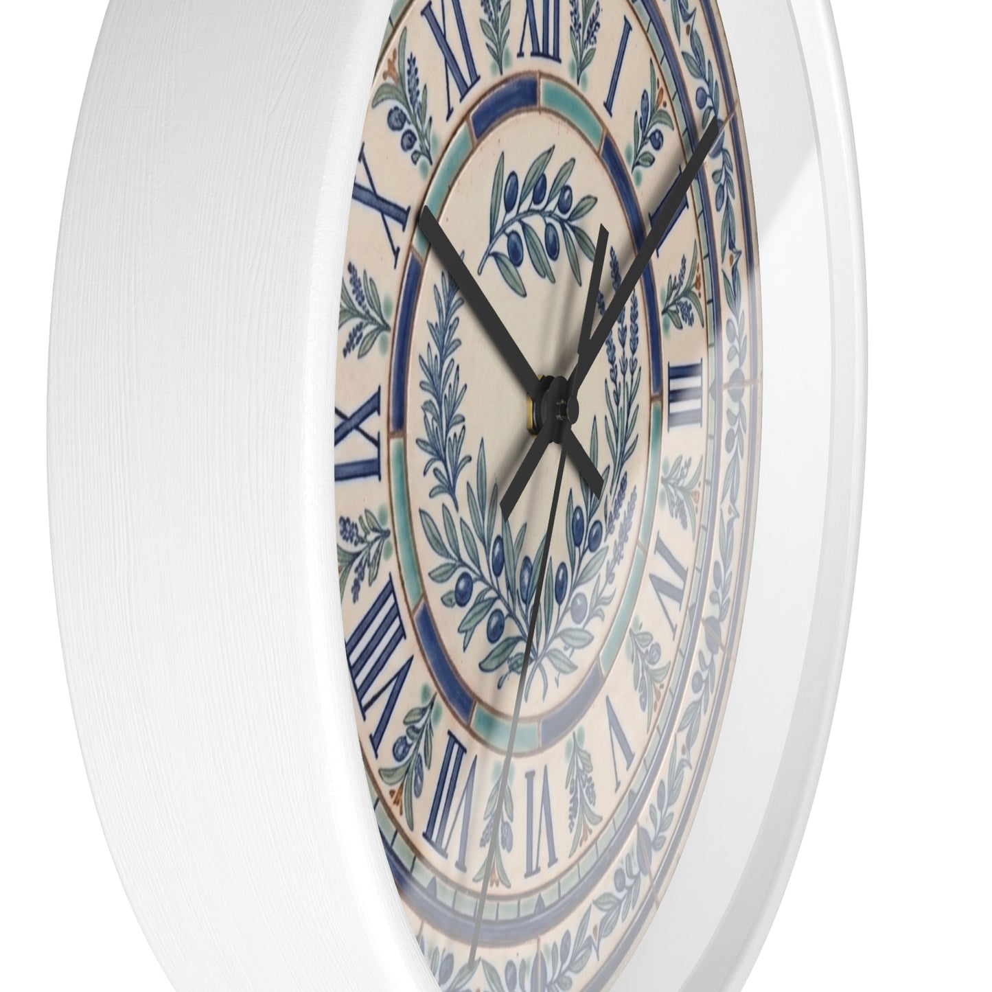 Blue Olive Wreath Wall Clock | Roman Numerals, Ceramic Tile Style