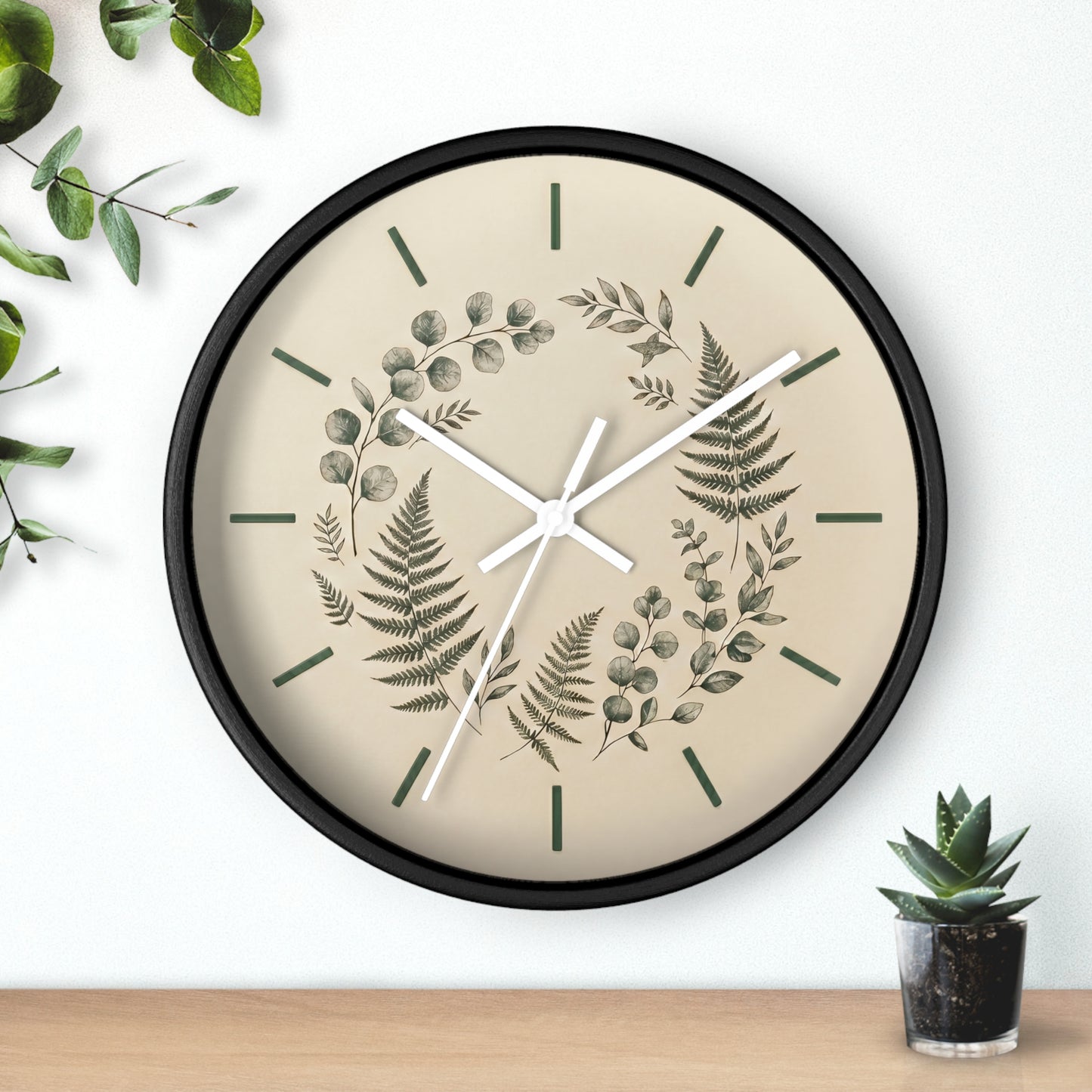 Botanical Fern Wreath Wall Clock | Neutral Eucalyptus Timepiece