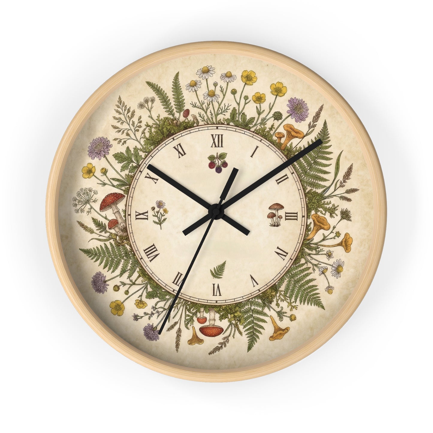 Vintage Botanical Wreath Wall Clock | Floral Ferns, Mushrooms, Roman Numerals