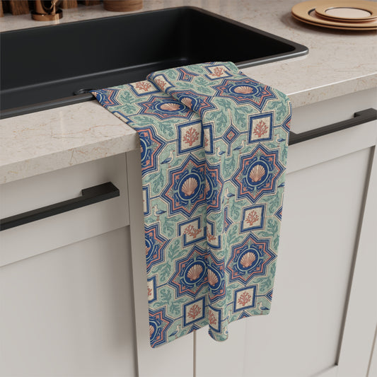 Geometric Moroccan Tile Tea Towel | Blue Green Patterned Kitchen Linen