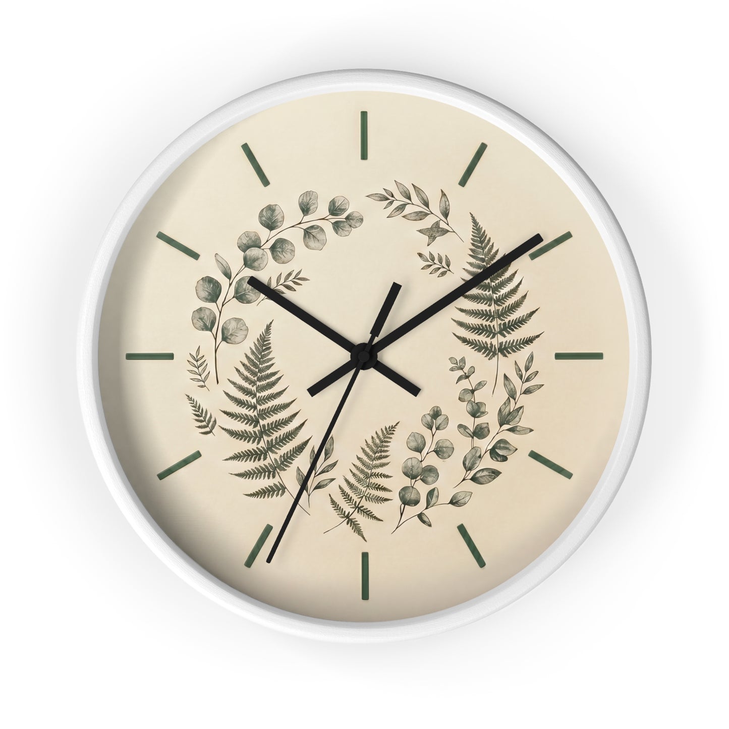 Botanical Fern Wreath Wall Clock | Neutral Eucalyptus Timepiece