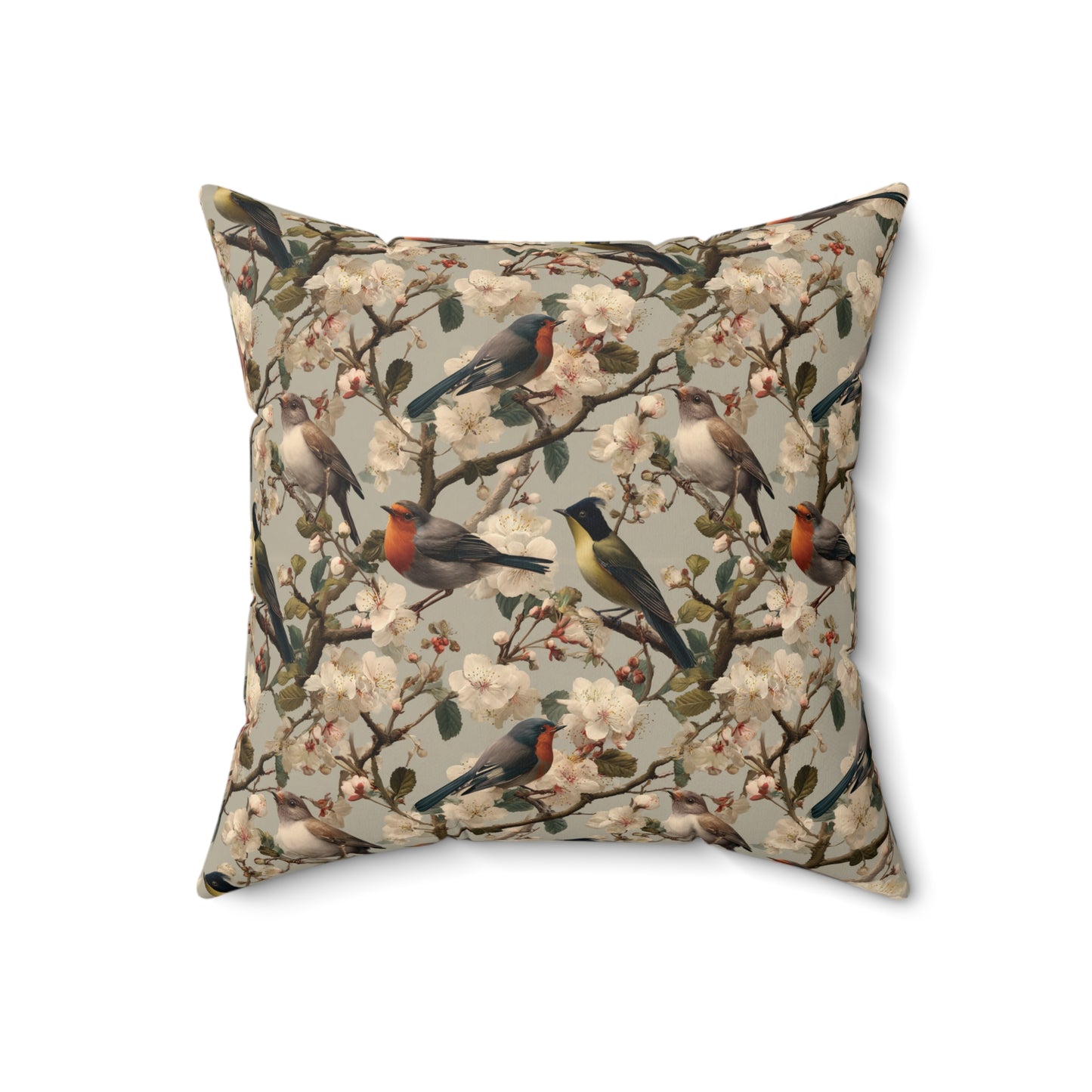 Vintage Floral Songbirds Pillow | Botanical Bird Pattern Square Pillow