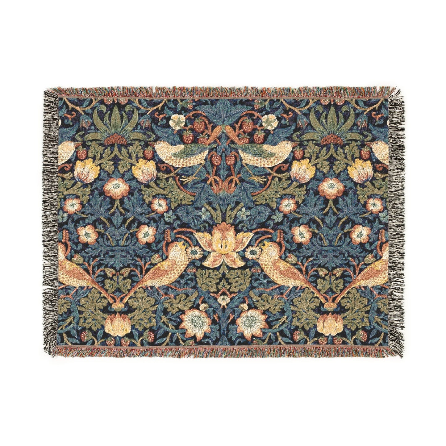 William Morris Style Bird and Floral Woven Blanket | Tapestry Throw