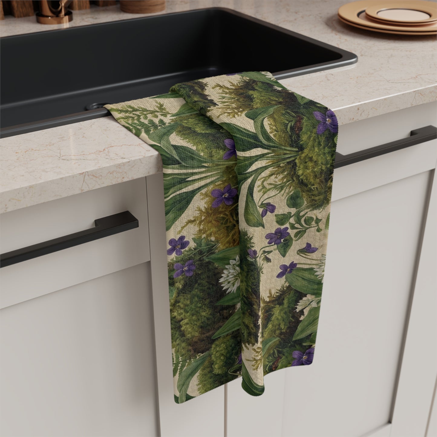 Vintage Fern and Violet Botanical Microfiber Tea Towel | Floral Kitchen Towel