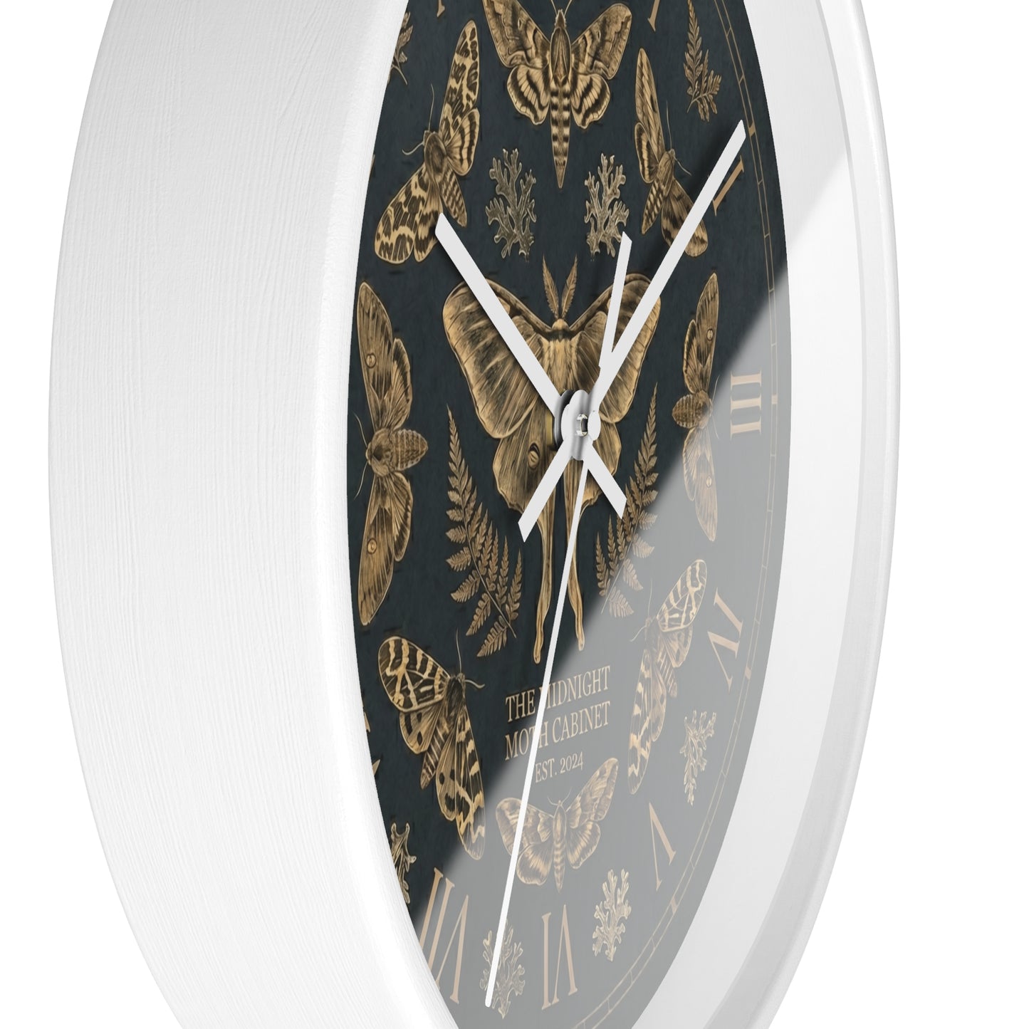 Midnight Moth Illustration Wall Clock | Vintage Moth Pattern, Roman Numerals