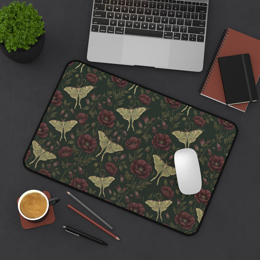Vintage Moth and Roses Desk Mat | Dark Floral Mousepad Mat