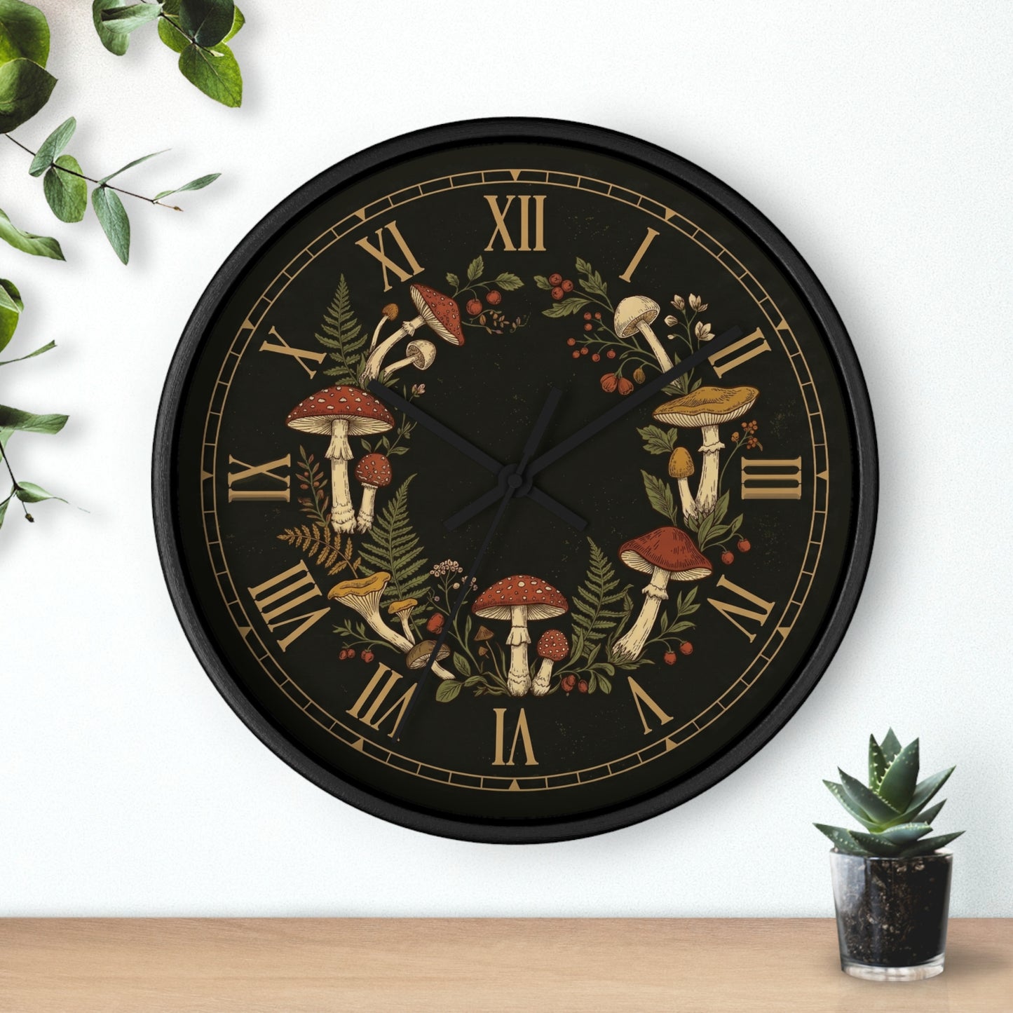 Vintage Mushroom Wreath Wall Clock | Botanical Roman Numerals