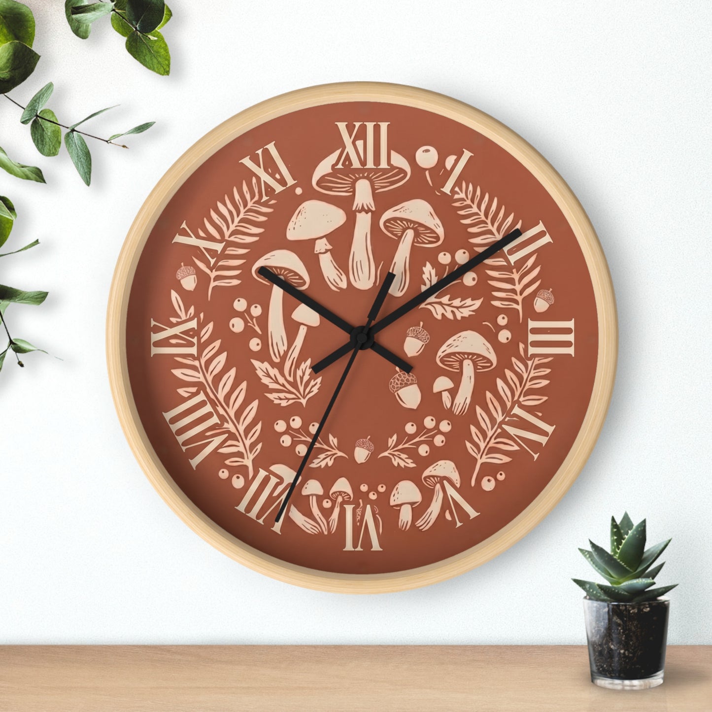 Mushroom Wreath Wall Clock | Botanical Fungi Illustration, Roman Numerals