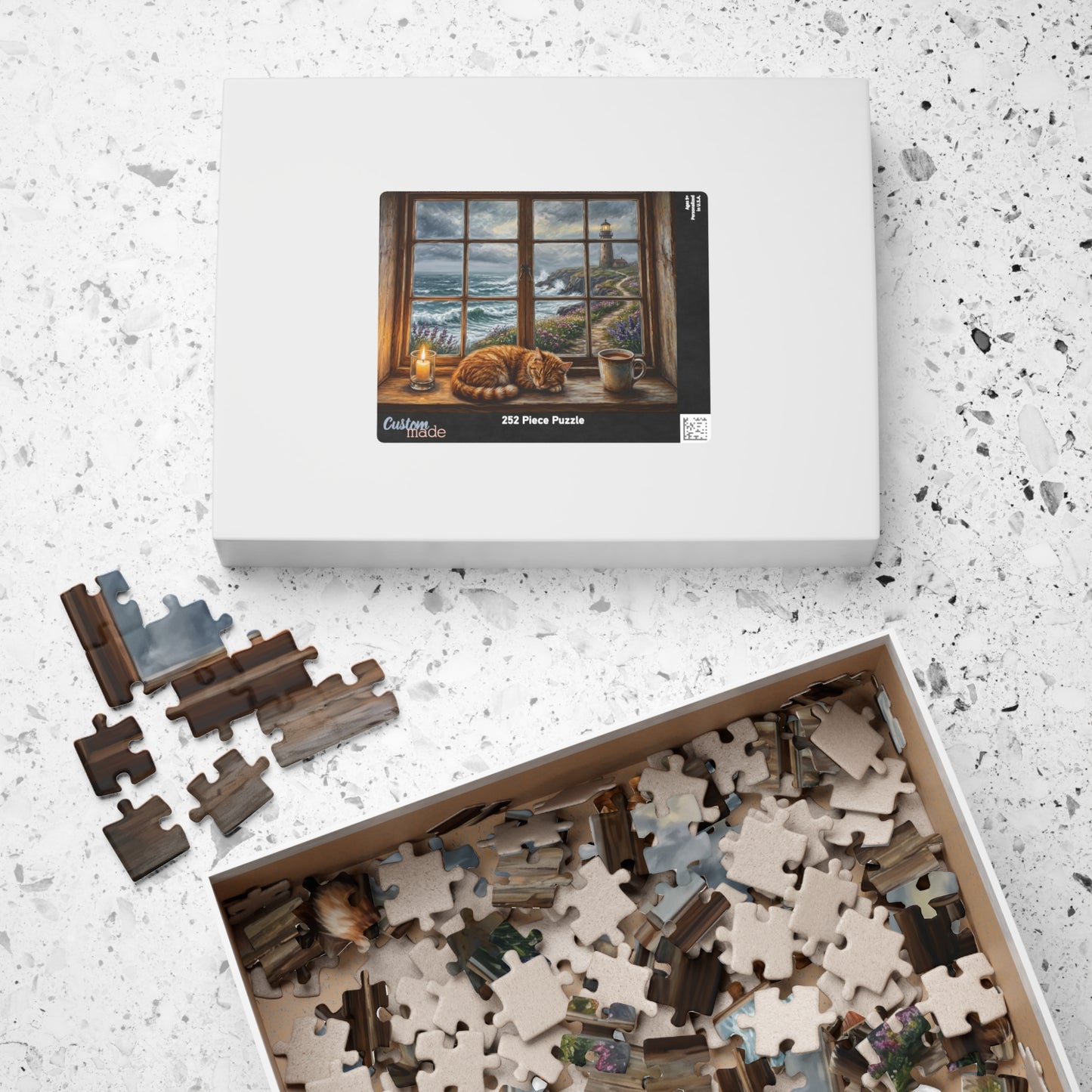 Cozy Cat Lighthouse Window Puzzle | Seaside Evening, Stormy Coastline, Scene