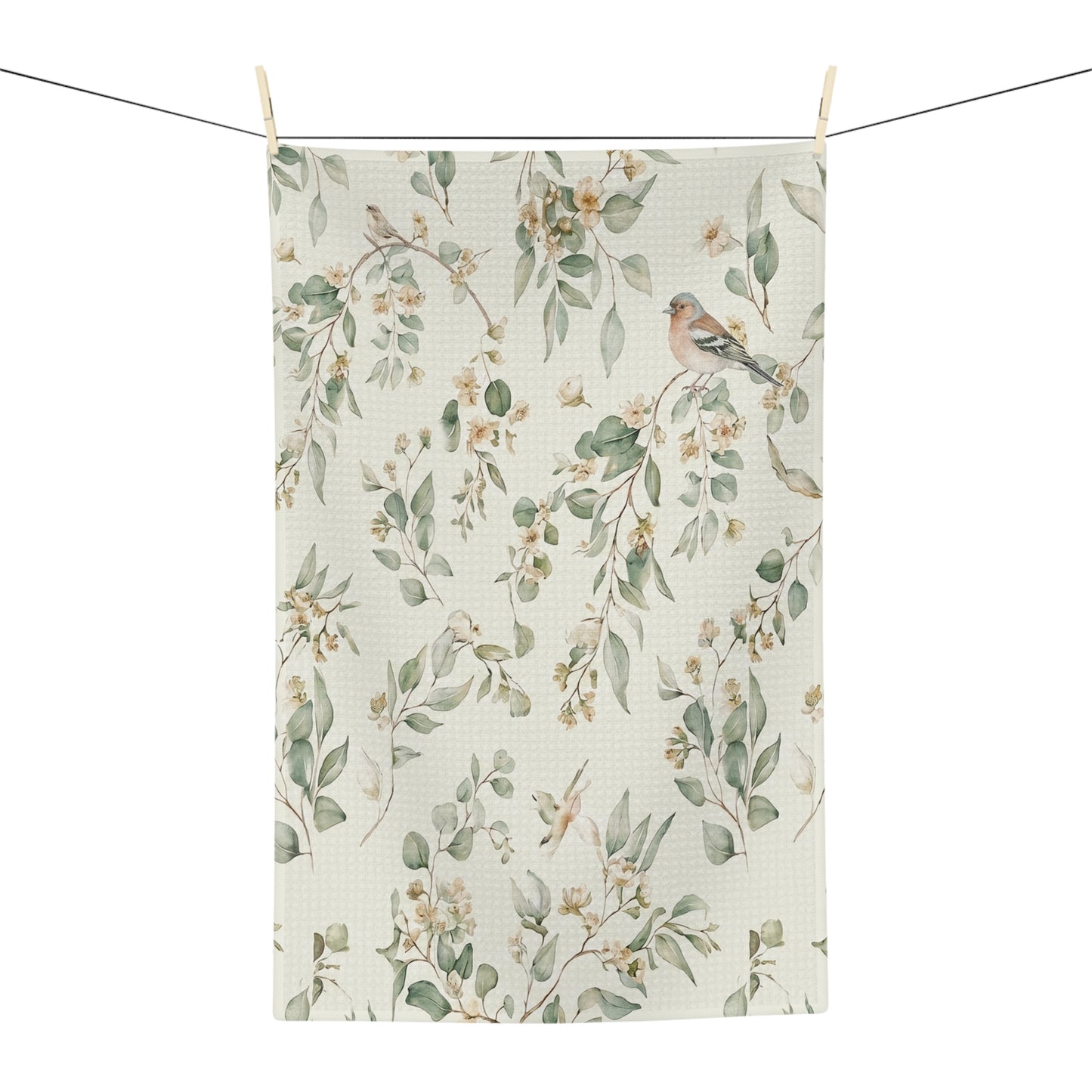 Watercolor Bird and Eucalyptus Tea Towel | Botanical Kitchen Linen