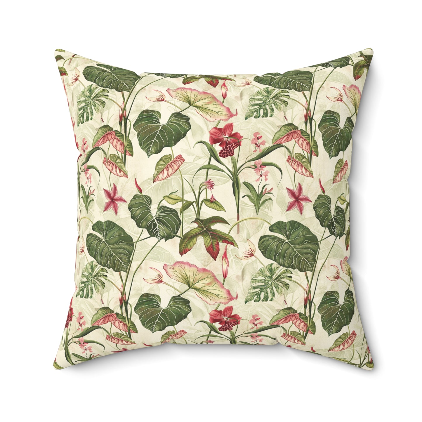 Vintage Botanical Floral Pattern Pillow | Tropical Leaves, Pink Flowers