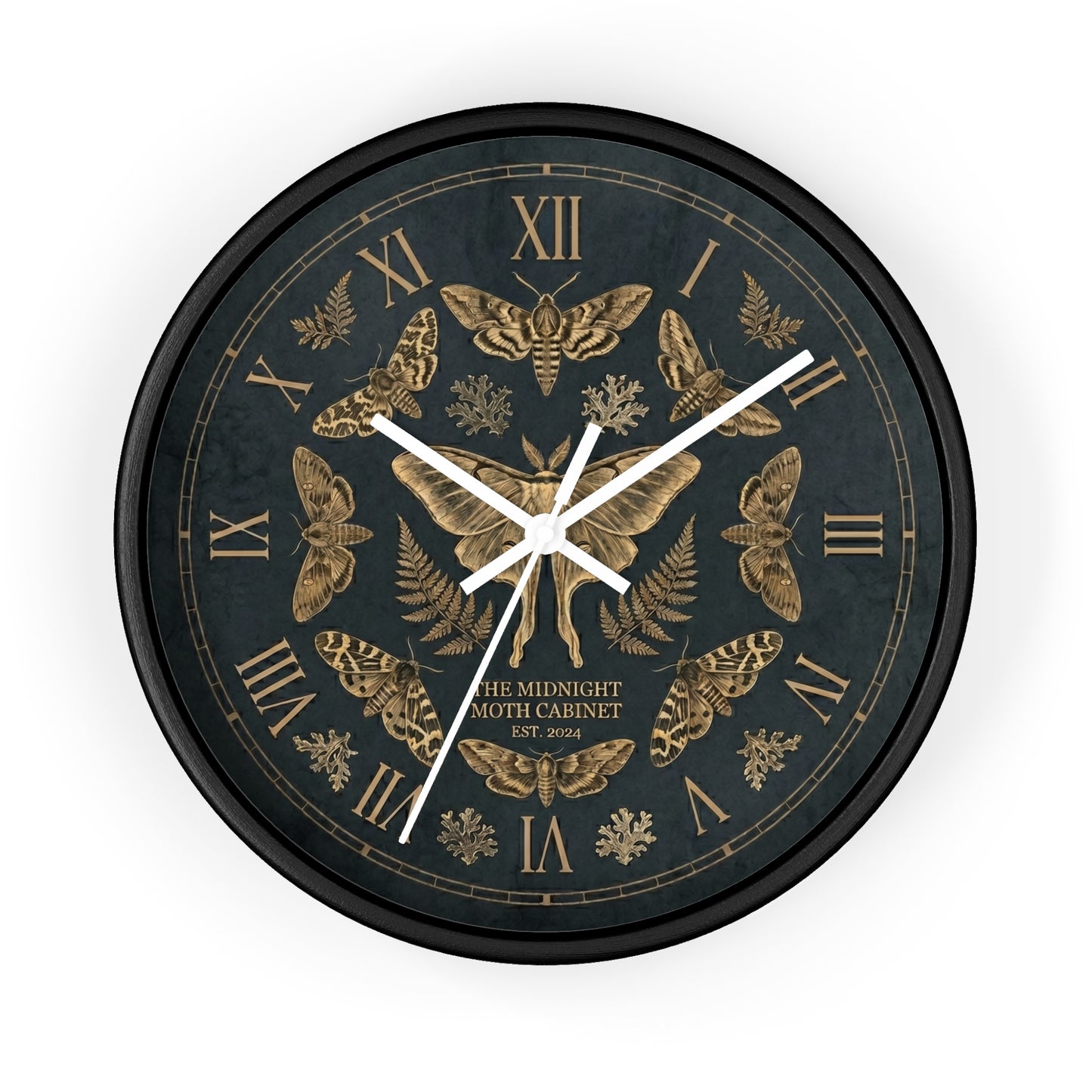 Midnight Moth Illustration Wall Clock | Vintage Moth Pattern, Roman Numerals