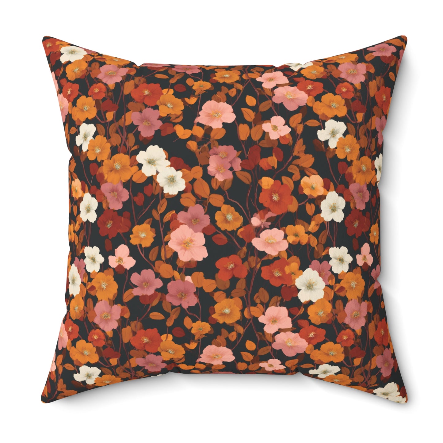 Vintage Floral Pattern Spun Polyester Square Pillow | Rust Orange Botanical Pillow