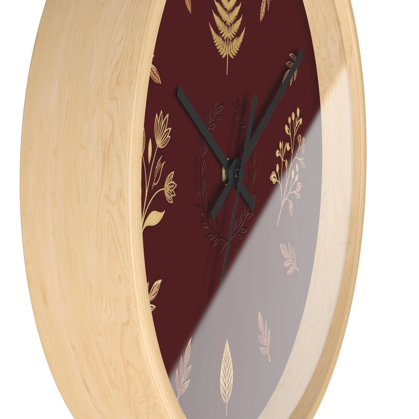 Gold Botanical Leaves Wall Clock | Maroon Floral Fern Home Decor