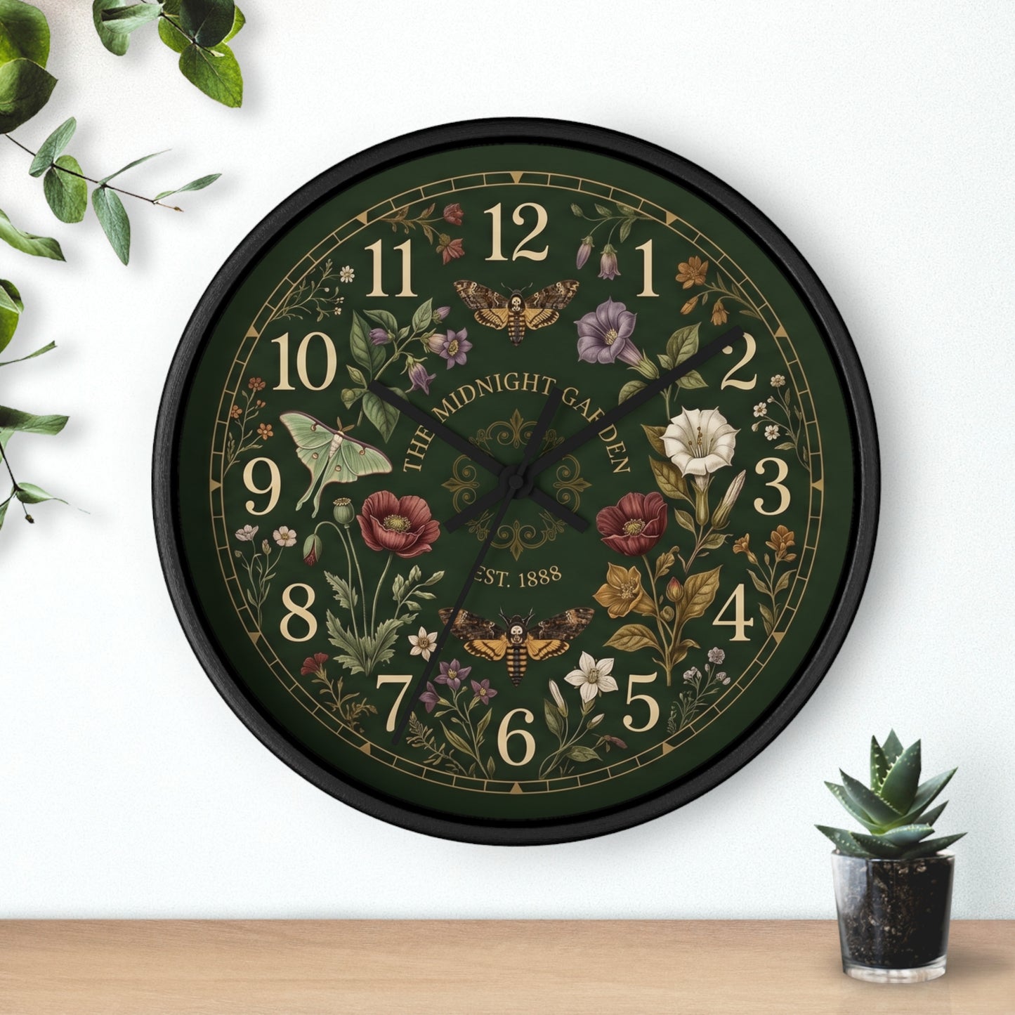 Vintage Floral Garden Clock | Botanical Wall Clock, Dark Green Floral Design