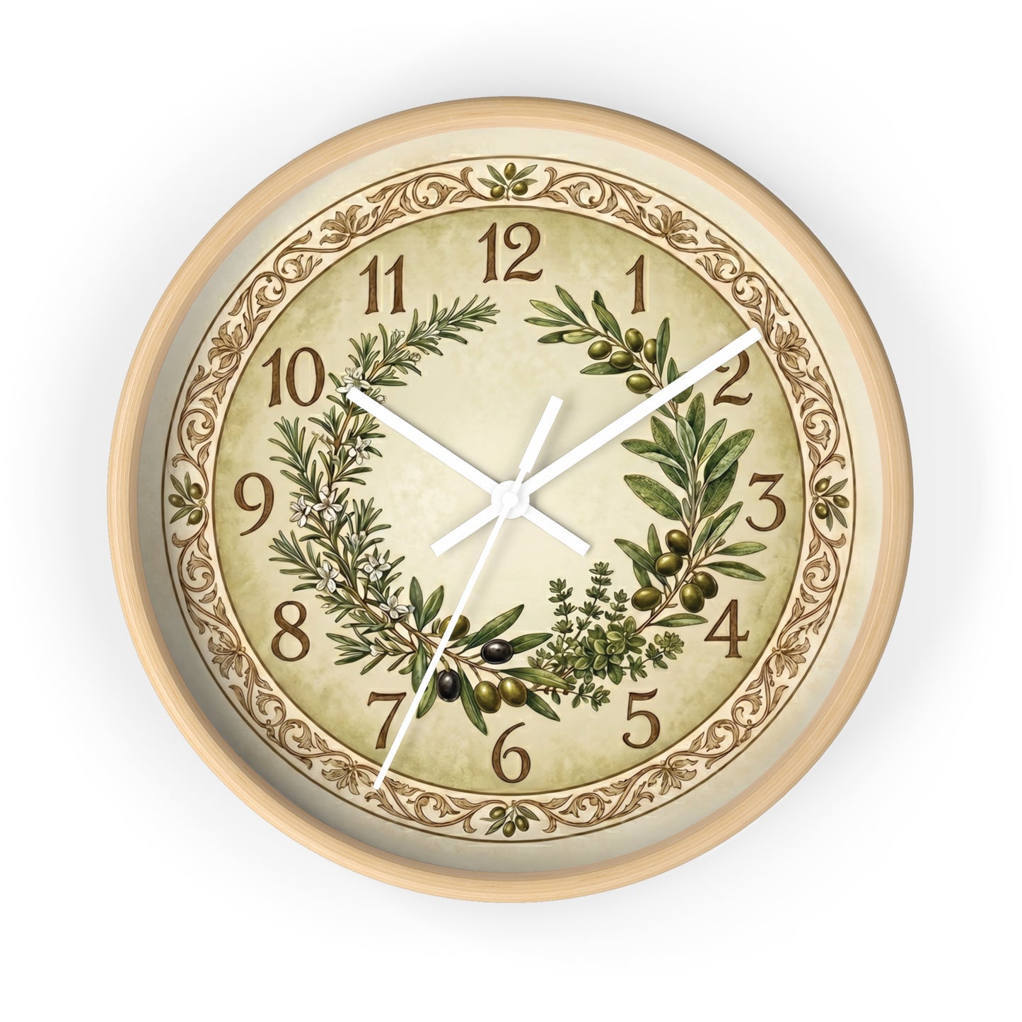 Herb Wreath Wall Clock | Olive & Rosemary Kitchen Clock, Rustic Botanical Decor