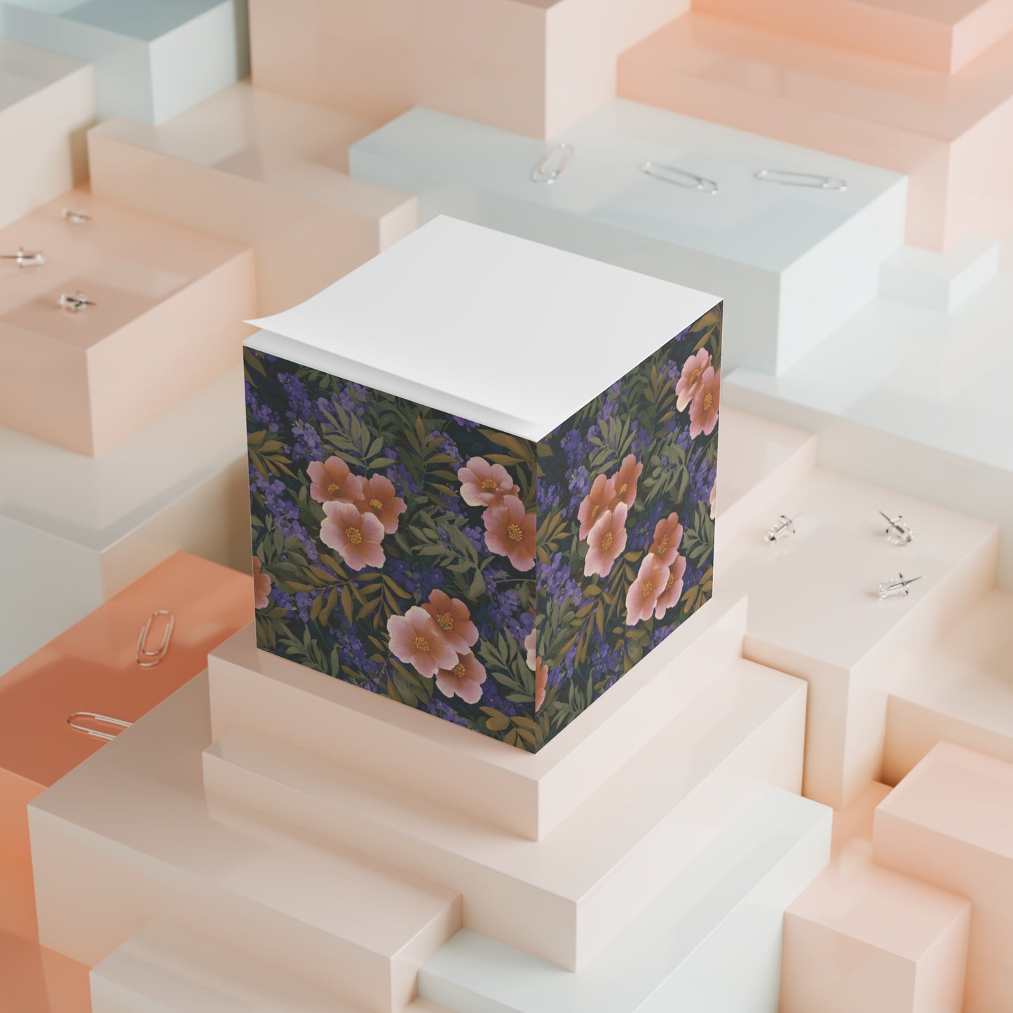 Peach Floral Pattern Note Cube | Floral Sticky Notes