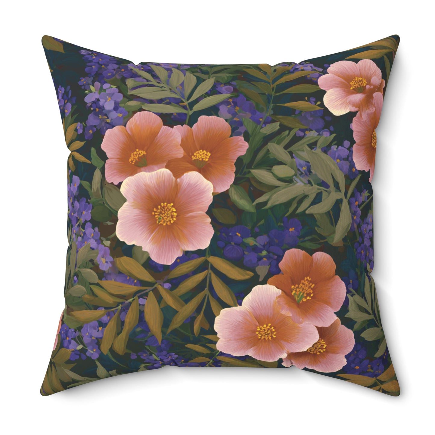 Peach Wildflower Pattern Pillow | Floral Botanical Throw Pillow, Dark Navy Background