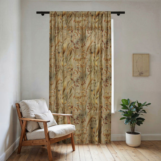 Neutral Botanical Sheer Window Curtain | Dried Grass Dragonfly Print