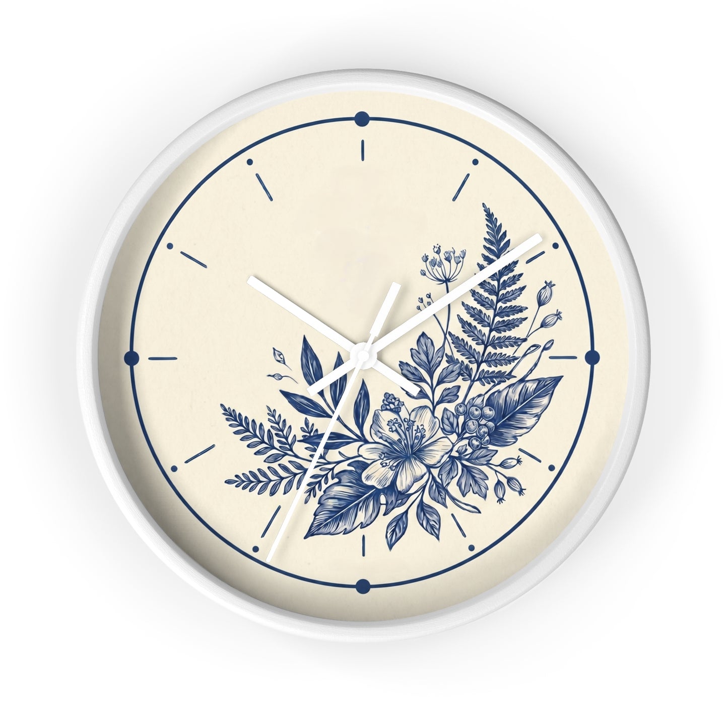 Blue Floral Illustration Wall Clock | Coastal Botanical Flower Clock