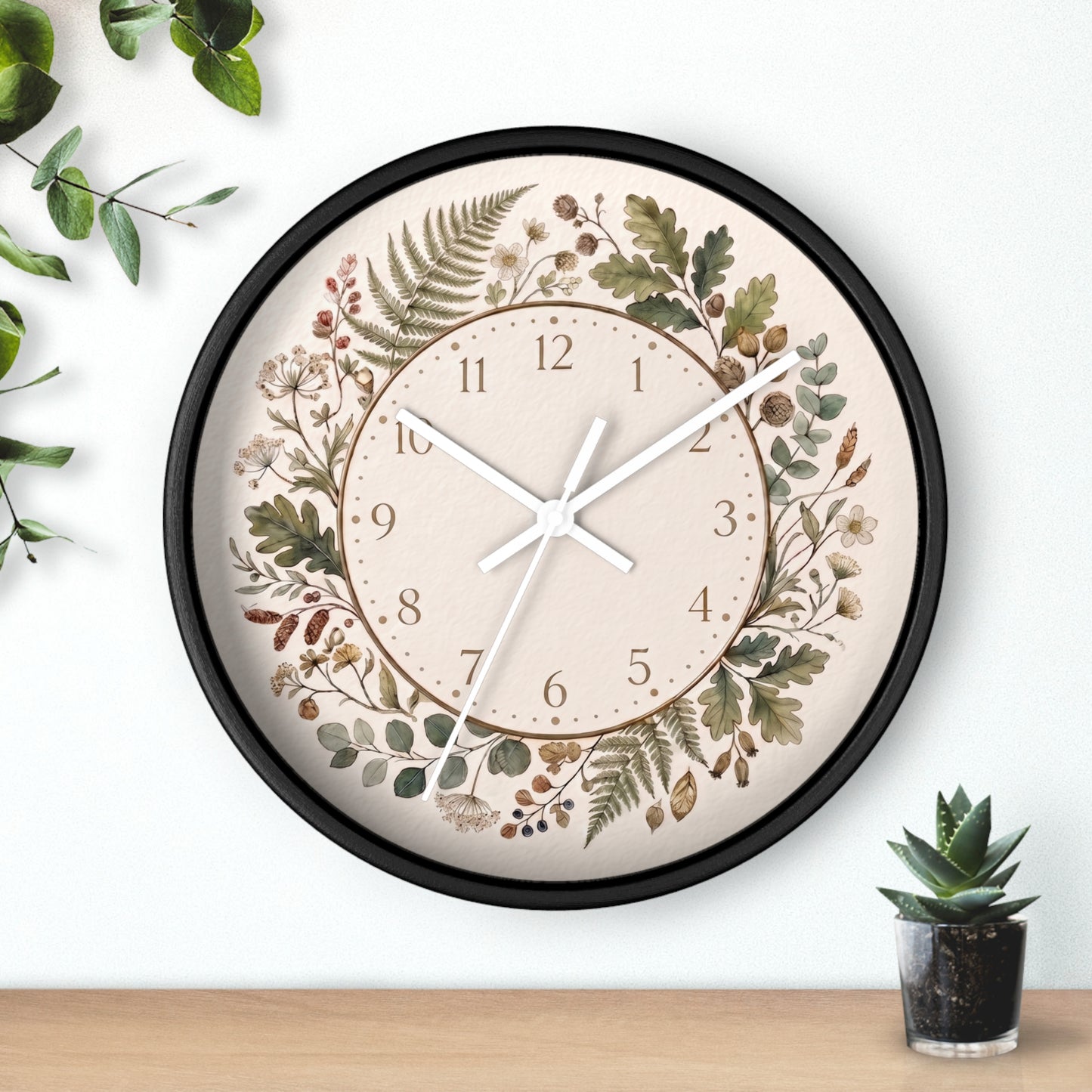 Botanical Wreath Wall Clock | Floral Foliage Illustration Clock, Neutral Nature Home Decor