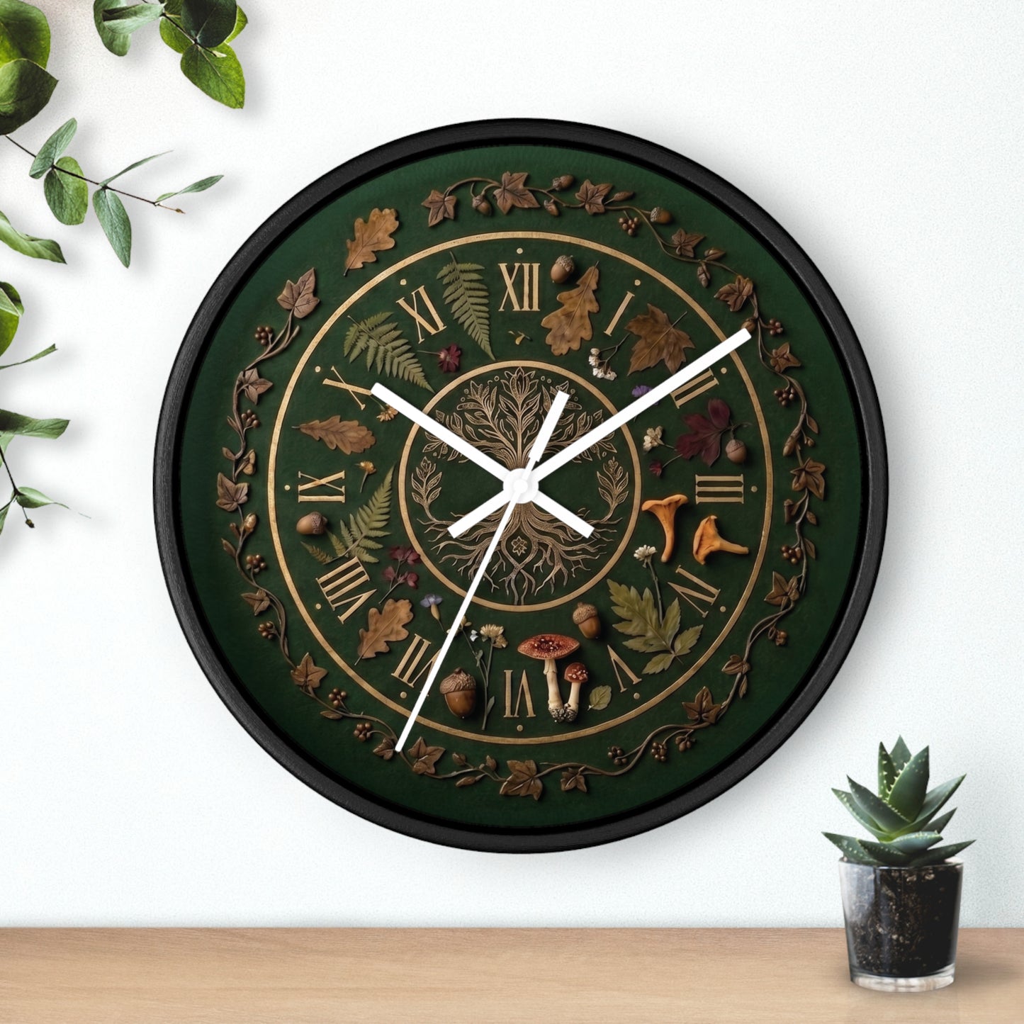 Woodland Tree of Life wall clock | Botanical, mushrooms, fern, roman numerals | Realistic Illustration | Witchy Nature
