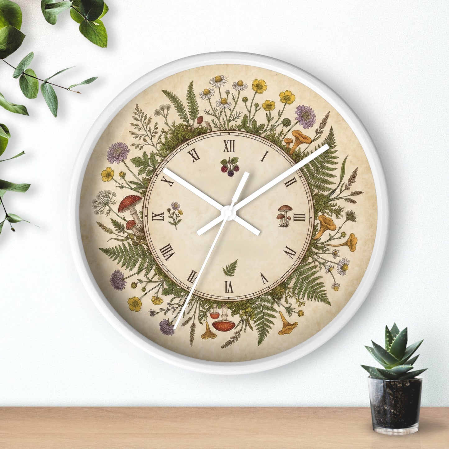 Vintage Botanical Wreath Wall Clock | Floral Ferns, Mushrooms, Roman Numerals