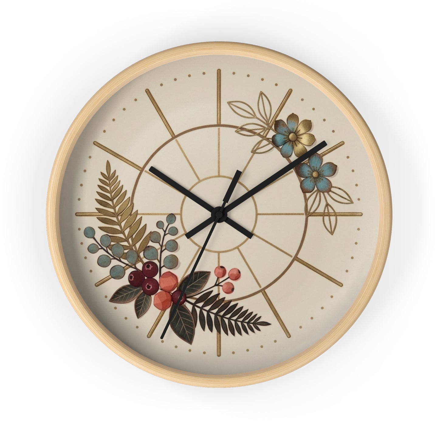 Botanical Floral Clock Wall Clock | Neutral Beige Flower Fern Design