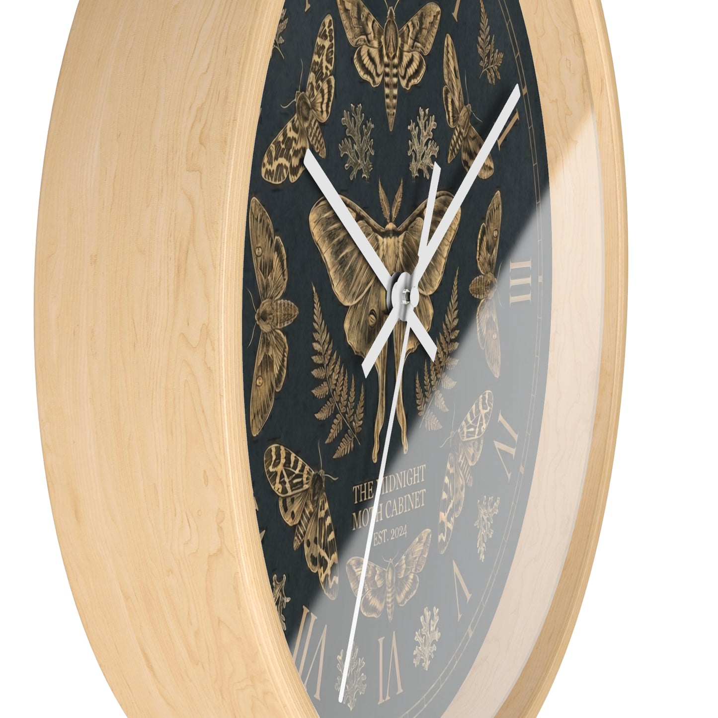 Midnight Moth Illustration Wall Clock | Vintage Moth Pattern, Roman Numerals