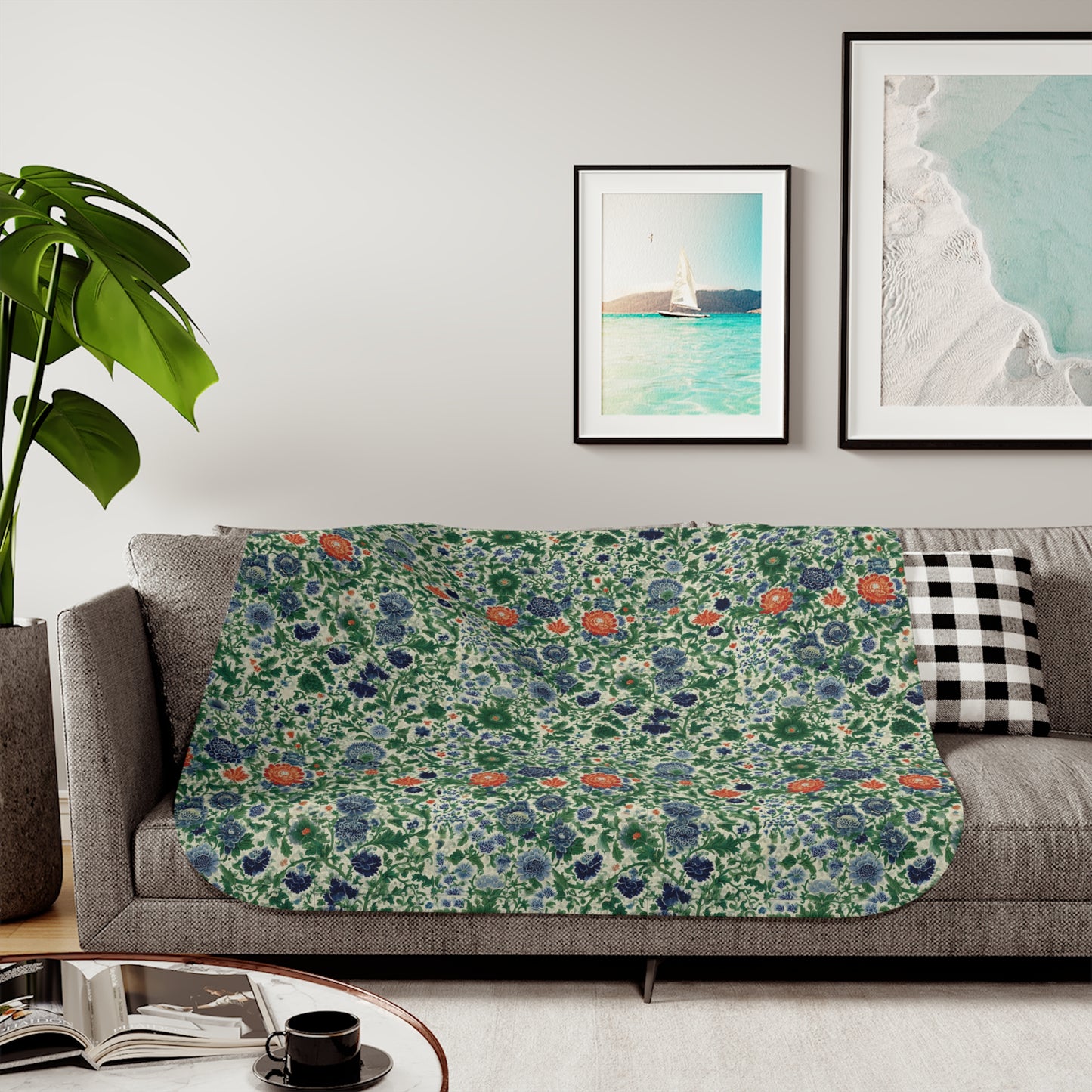 Floral Botanical Pattern Sherpa Blanket | Green Orange Vintage Garden