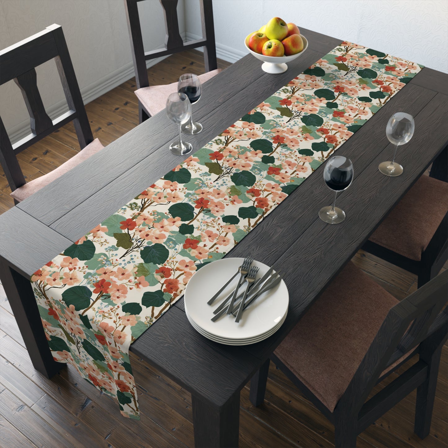 Vintage Floral Pattern Table Runner | Green Peach Cotton-Poly Blend