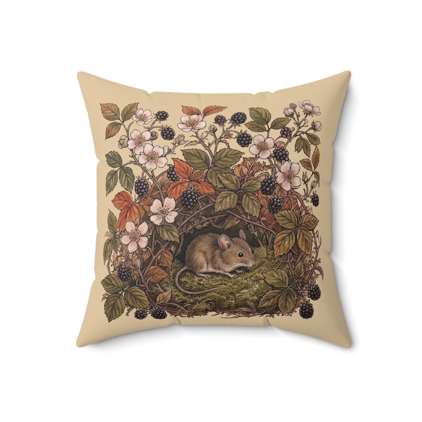 Woodland Mouse Nest Pillow | Vintage Botanical Brambles Illustration