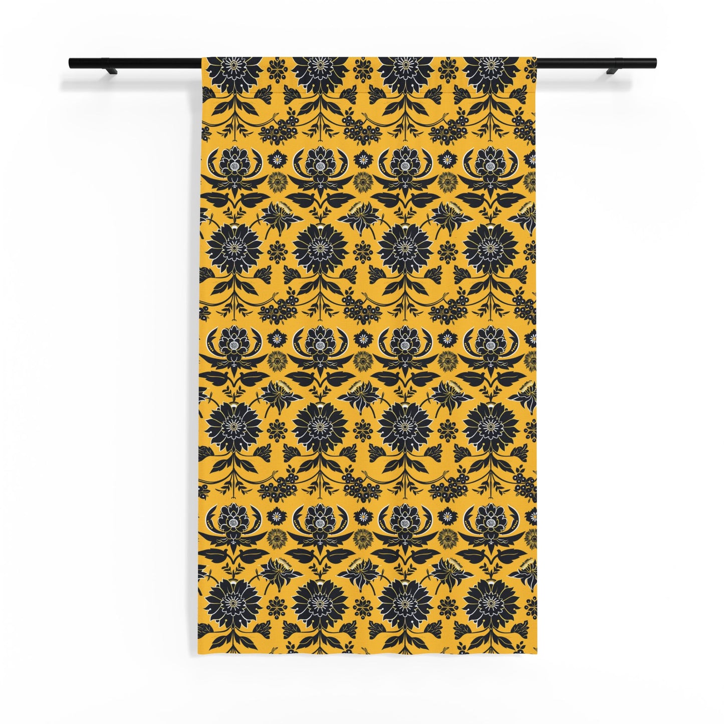 Black Floral Damask Sheer Window Curtain | Yellow Botanical Pattern