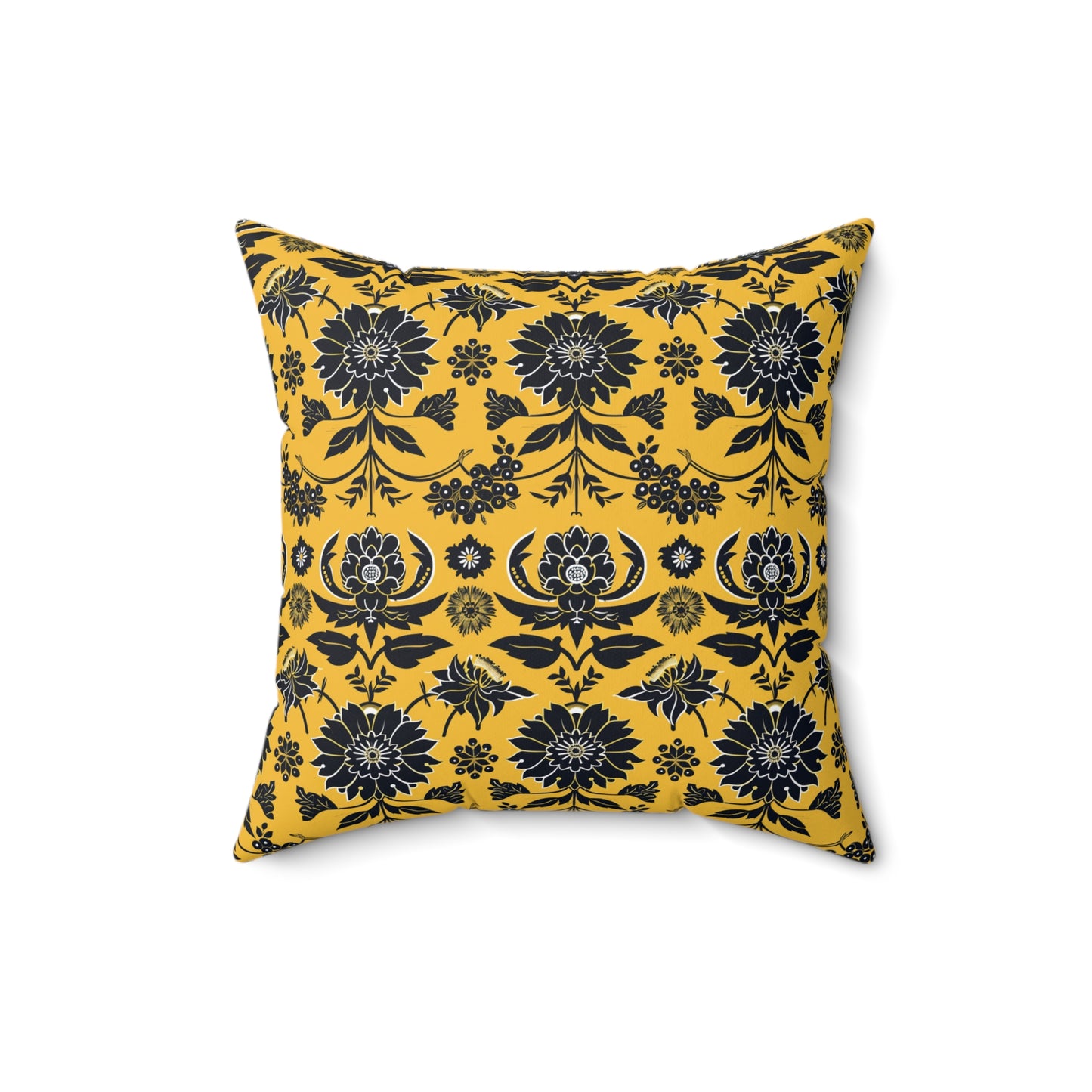 Yellow Floral Damask Pillow | Square Polyester Throw Pillow