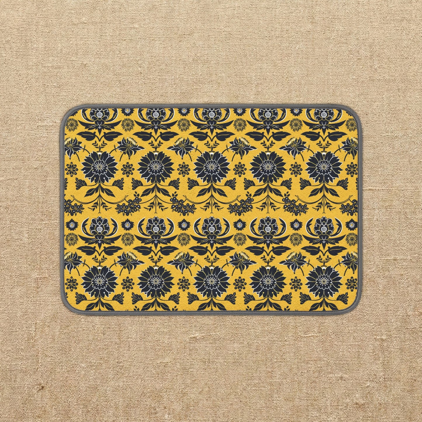 Yellow Floral Damask Microfiber Kitchen Dish Mat | Sunflower Pattern