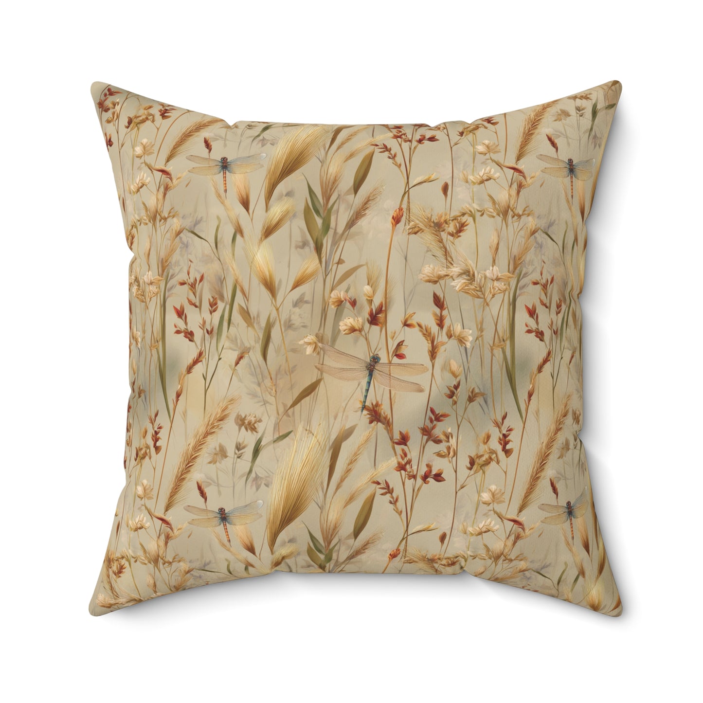 Neutral Botanical Print Pillow | Dried Wildflower Dragonfly Pattern, Square Throw Pillow