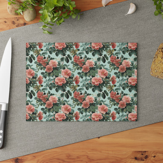 Vintage Pink Roses Glass Cutting Board | Floral Kitchen Decor