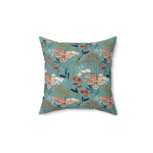 Vintage Floral Pattern Spun Polyester Pillow | Teal Coral Wildflowers