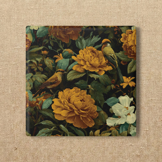 Vintage Botanical Birds Ceramic Coaster | Yellow Peony Floral Cork Back