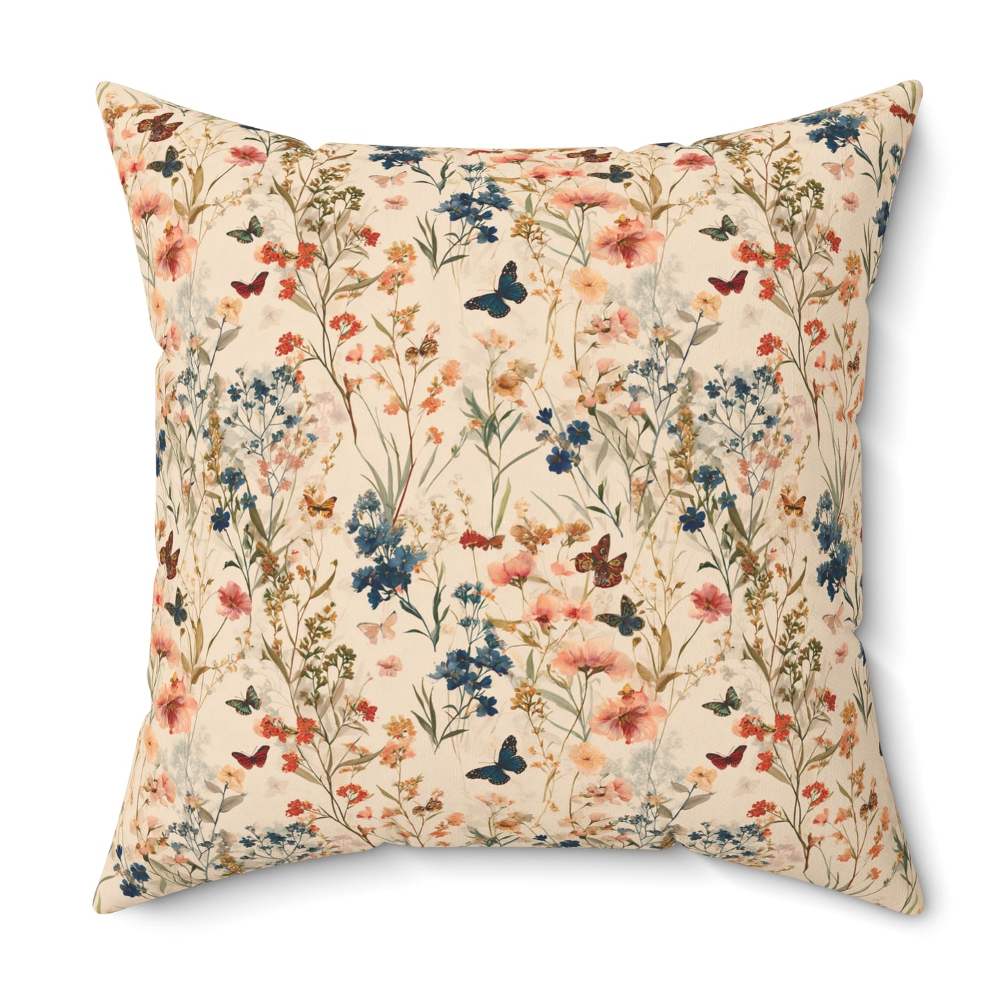 Vintage Wildflower and Butterfly Spun Polyester Square Pillow | Floral Throw Cushion