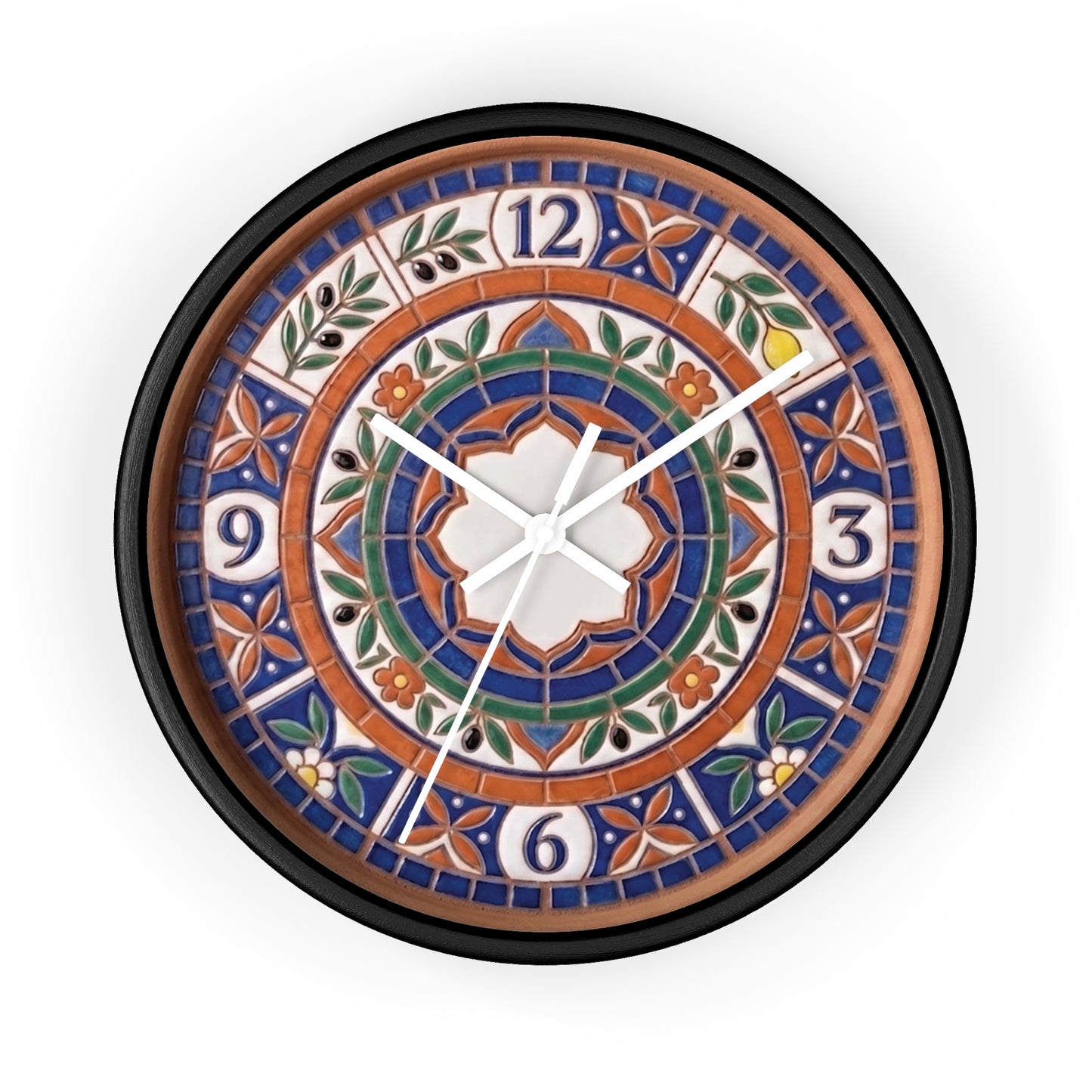 Mediterranean Mosaic Style Wall Clock - Terracotta Azure Blue Floral Faux Tile Botanical Decor