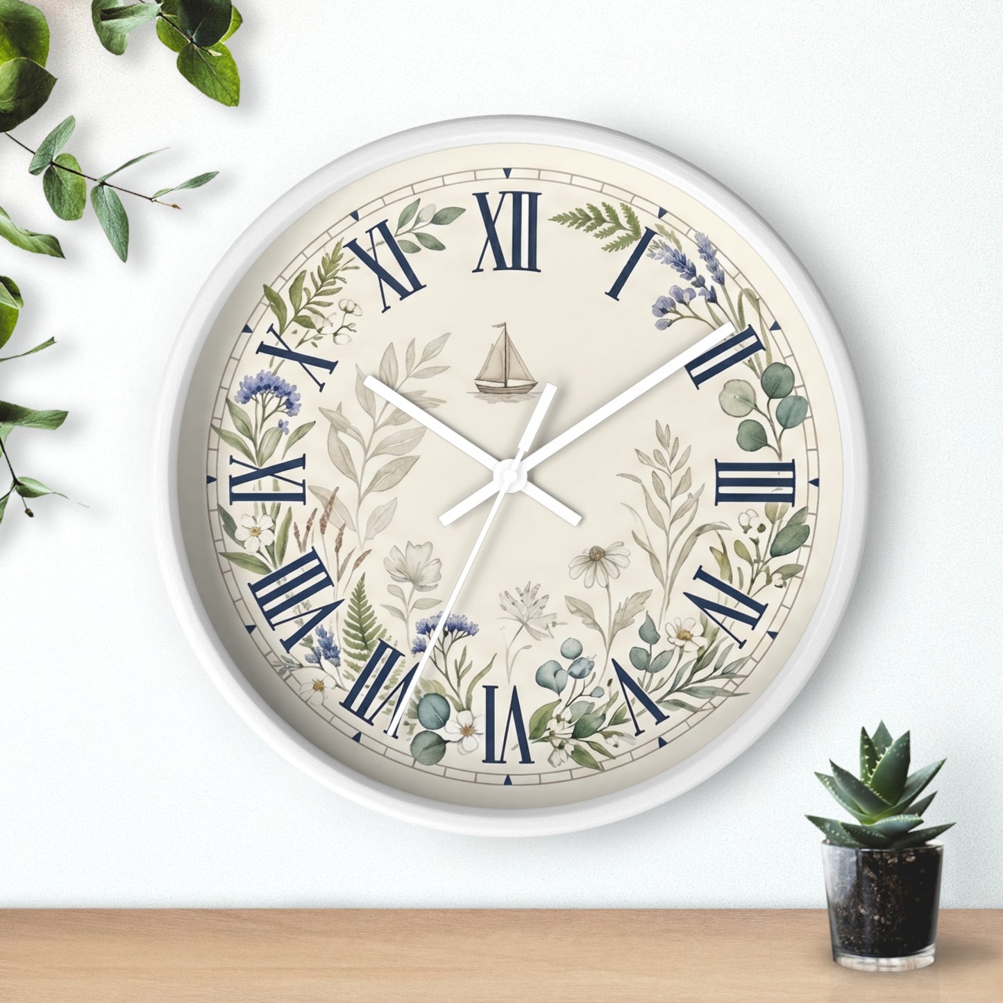 Nautical Floral Roman Numeral Wall Clock | Coastal and Greenery