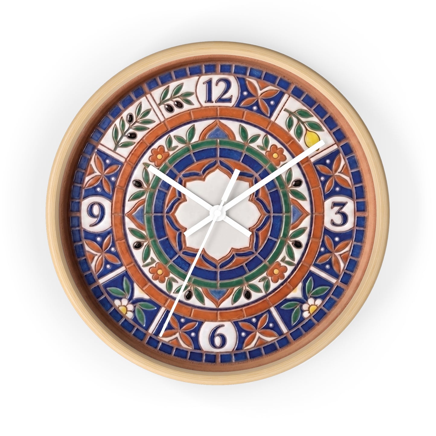 Mediterranean Mosaic Style Wall Clock - Terracotta Azure Blue Floral Faux Tile Botanical Decor