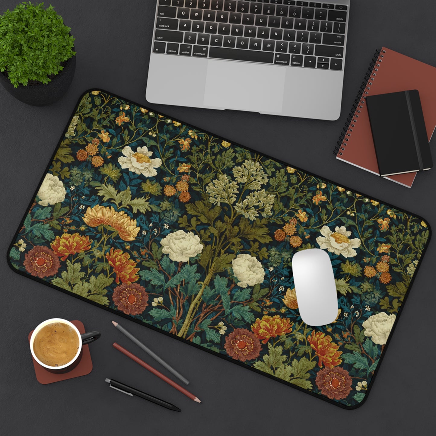 William Morris Style Floral Pattern Desk Mat | Botanical Vintage Flower Mouse Pad