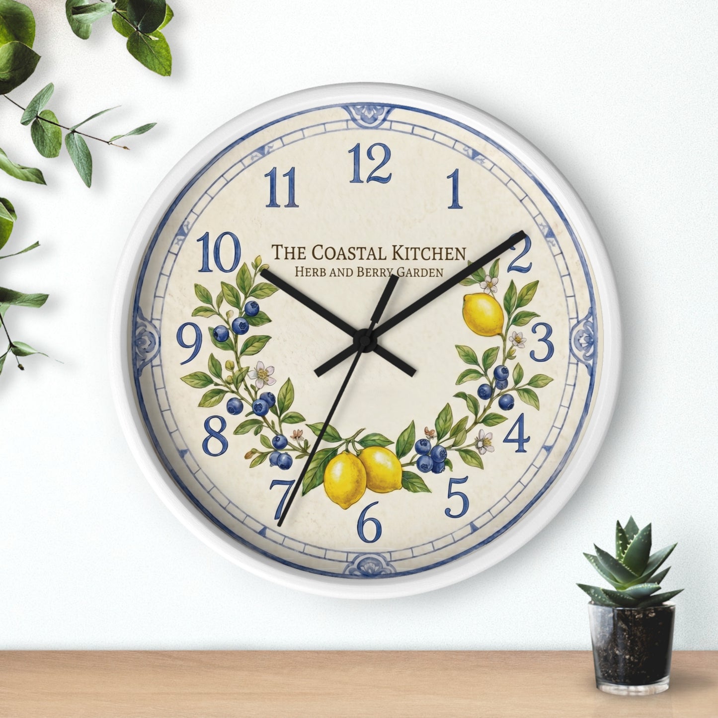 Lemon & Blueberry Wreath Wall Clock | Coastal Kitchen Herb Garden