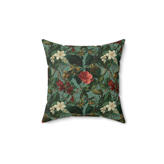 Vintage Botanical Throw Pillow | Cottagecore Floral Cushion | Dark Moody Green Accent Pillow | Antique Flower Pillow Case