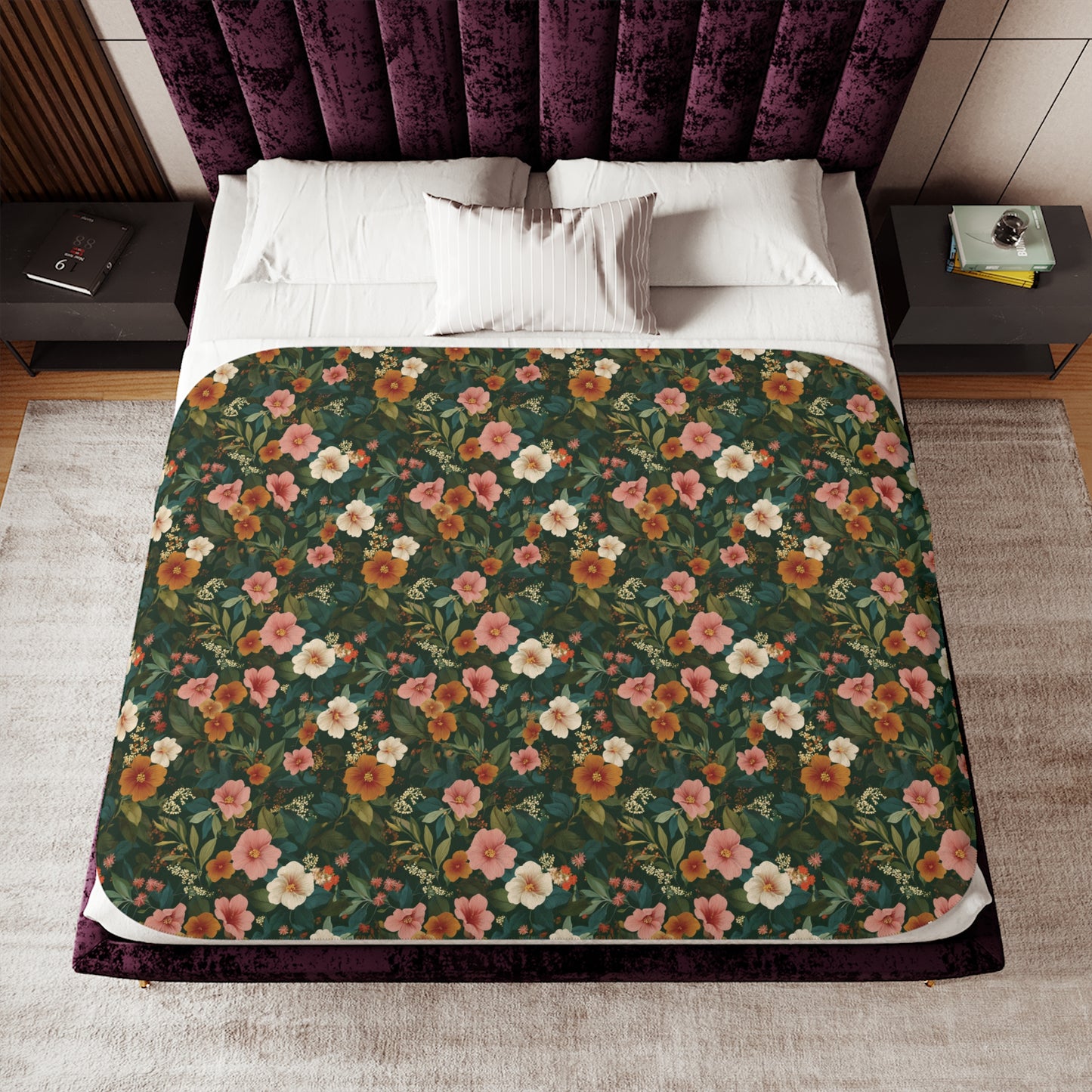 Vintage Floral Pattern Sherpa Blanket | Green, White, Orange and Pink Blossom Throw